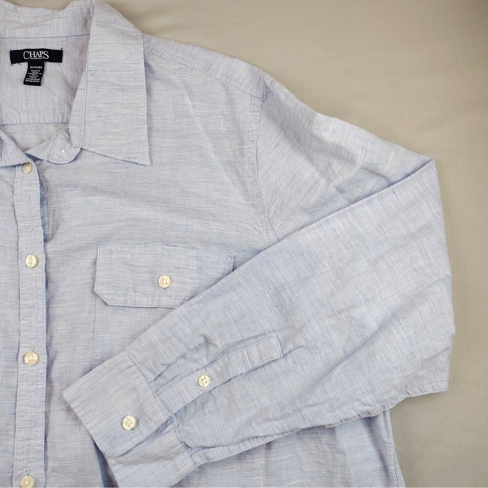 Chaps Womens 1X/XL Linen Cotton Button Down Shirt Light Blue Long Sleeve - Picture 5 of 16